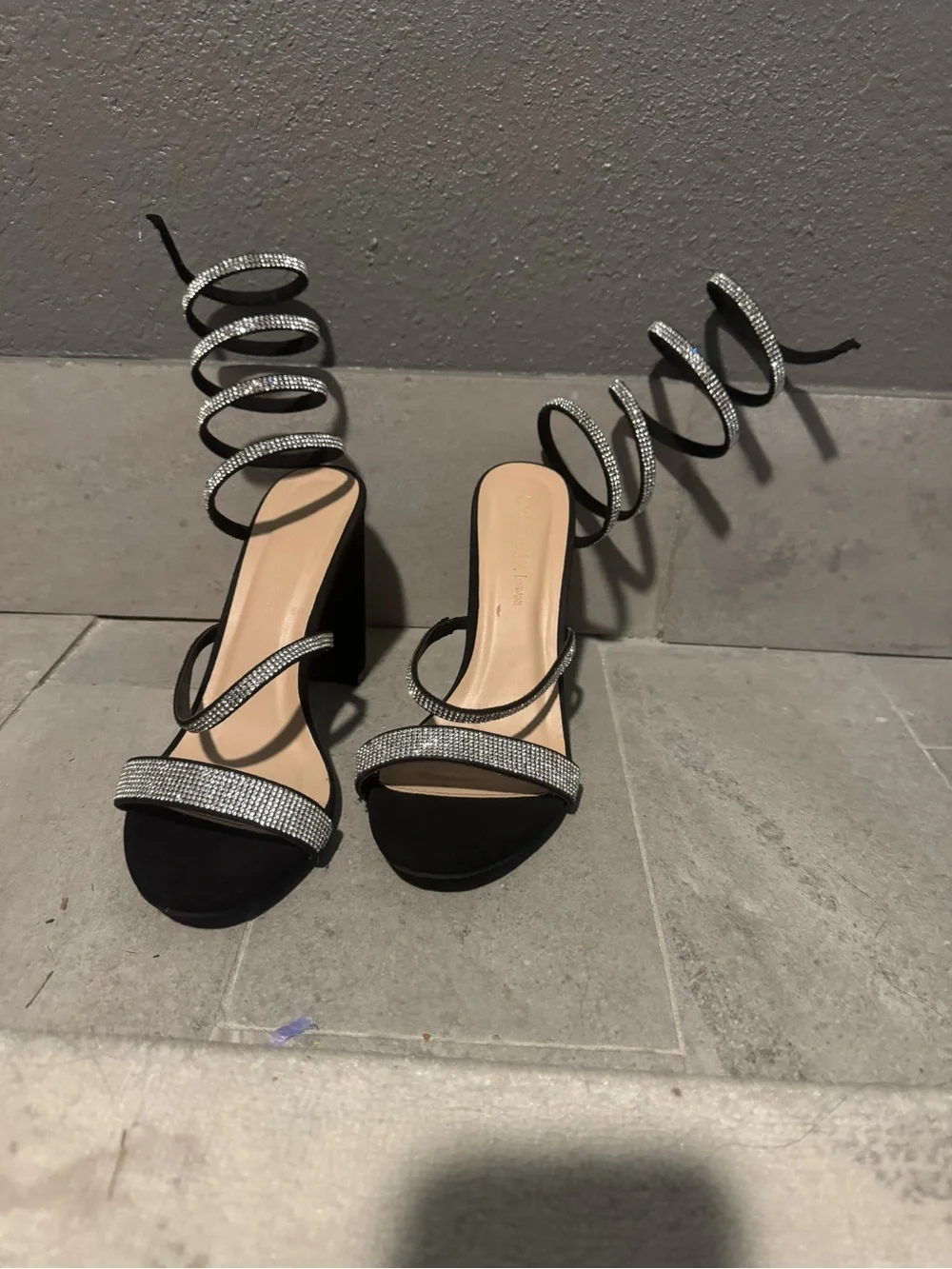 Black Strappy Block Heel Sandals with Rhinestone Ankle Wrap